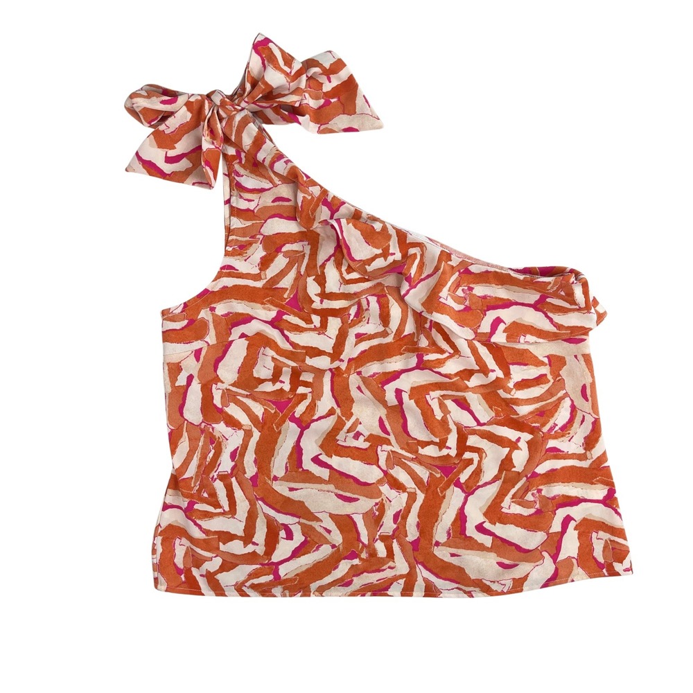Womens One Shoulder Ruffle Top Orange Pink Bow Resortwear Tropical Vacation